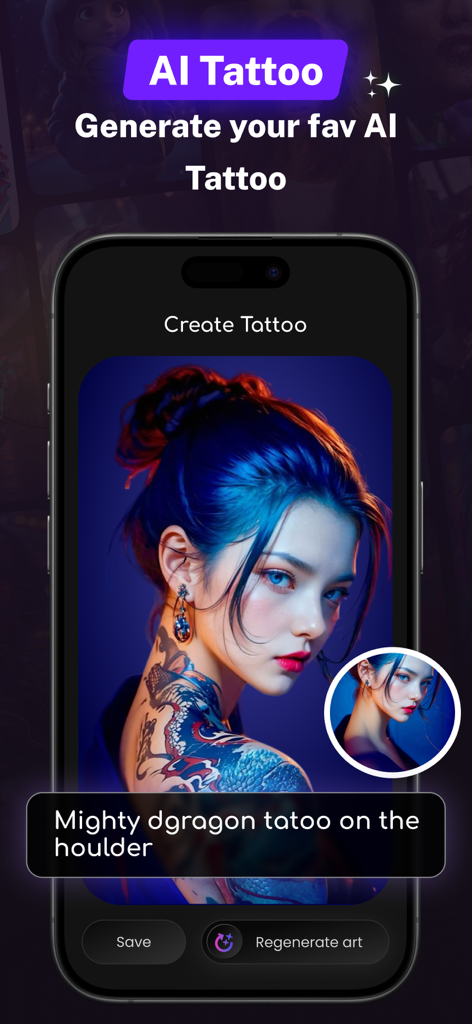 AI Art Generator - Nano Banana - Smartphone screen showing the AI Art Generator app interface with a dragon tattoo design on a woman's shoulder