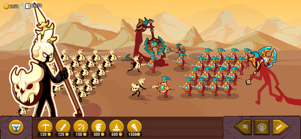 Stick Saga: Endless War - Stickman armies clashing on a desert battlefield with unit selection icons in Stick Saga Endless War.