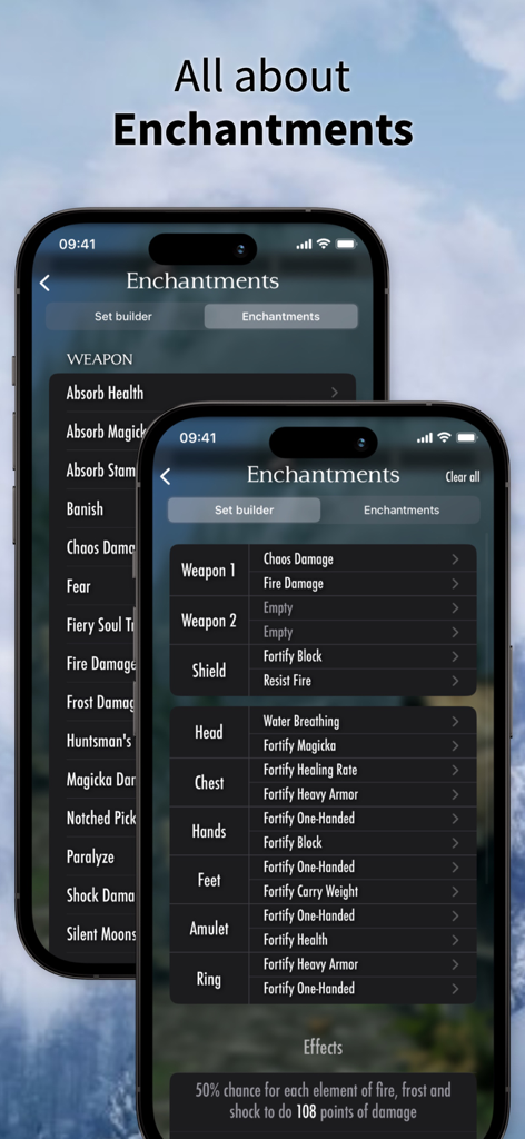 The Elder Scrolls Map - Screenshot of the Elder Scrolls Map app showing a list of enchantments and a gear set builder for Skyrim
