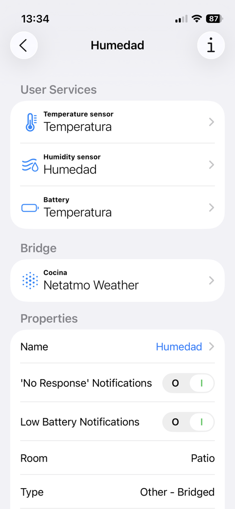 HAA Home for HomeKit & Matter - Oberfläche der HAA Home App, die die Einstellungen für Luftfeuchtigkeit und Temperatur für ein gebrücktes Gerät anzeigt