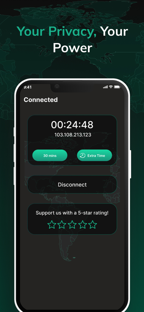 Nexo VPN dashboard on an iPhone showing an active connection status with session timer and disconnect button.