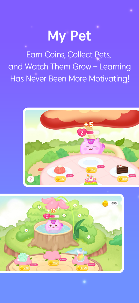 HiDODO: AI English Play School - Característica 'Mi Mascota' de la aplicación HiDODO que muestra un personaje rosa siendo alimentado y bañado como recompensa de aprendizaje