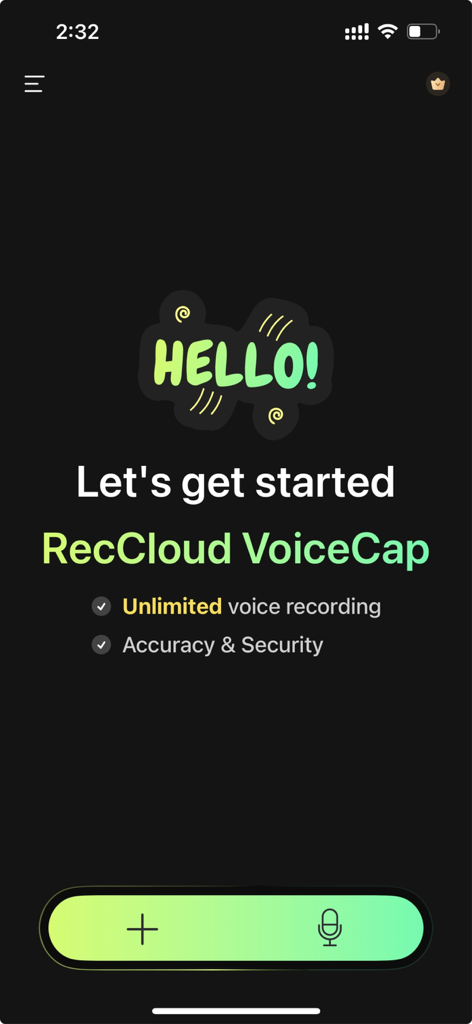 RecCloud VoiceCap welcome screen showing unlimited voice recording feature and a microphone button