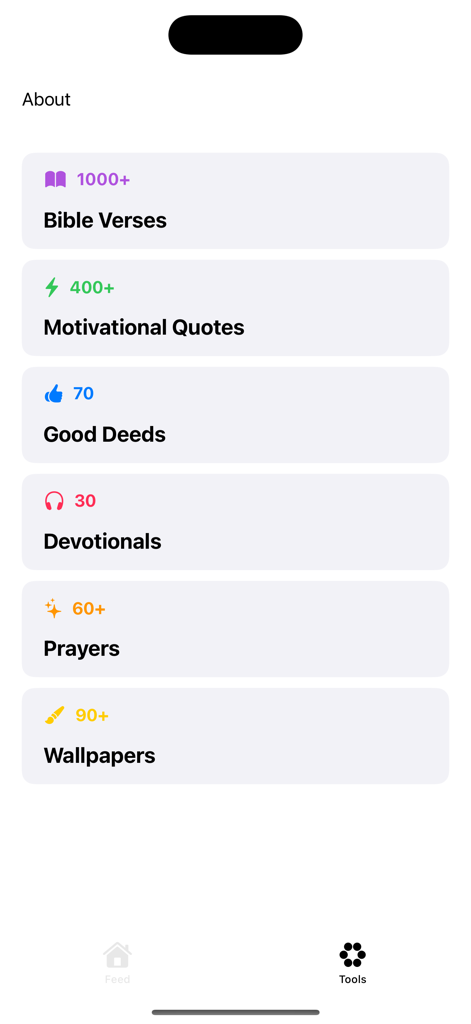 Daily Bible Verse & Motivation - A menu screen of the Daily Bible Verse app showing counts for bible verses motivational quotes devotionals and prayers
