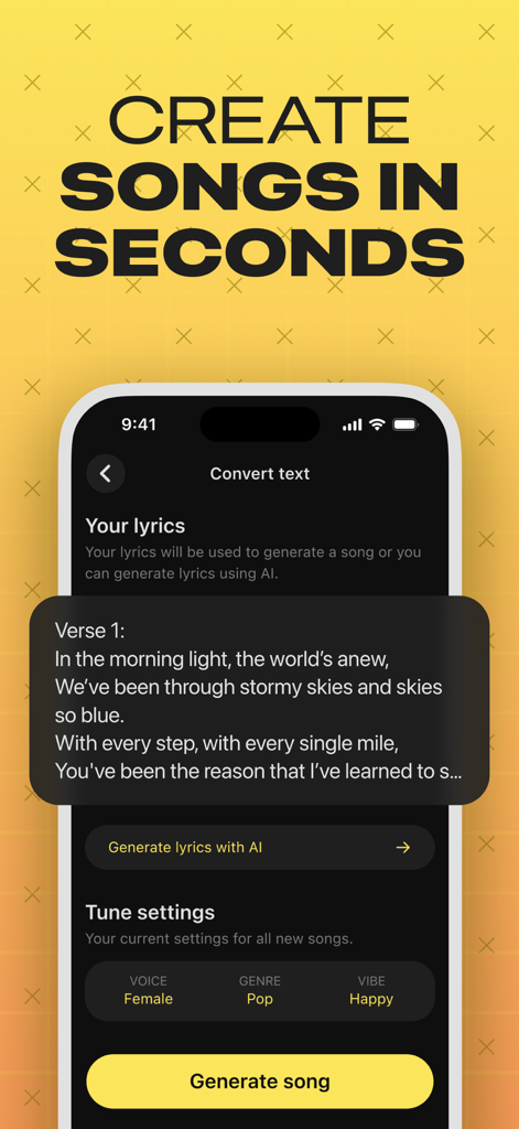 Benutzeroberfläche einer mobilen App zur Generierung von Songs aus Texten mit KI-Musik-Einstellungen.