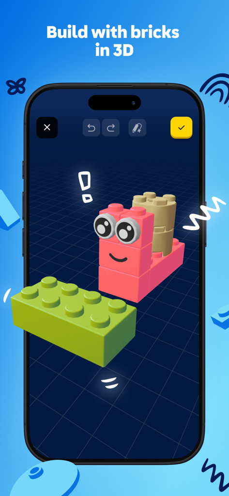 A mobile interface of the LEGO Play app showing the 3D Brick Builder tool with a digital LEGO character.