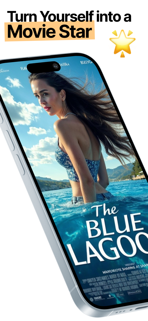 Posterize AI Movie Posters - KI-generiertes Filmposter einer Frau in der Hauptrolle von 'Die Blaue Lagune', angezeigt auf einem Handy-Bildschirm