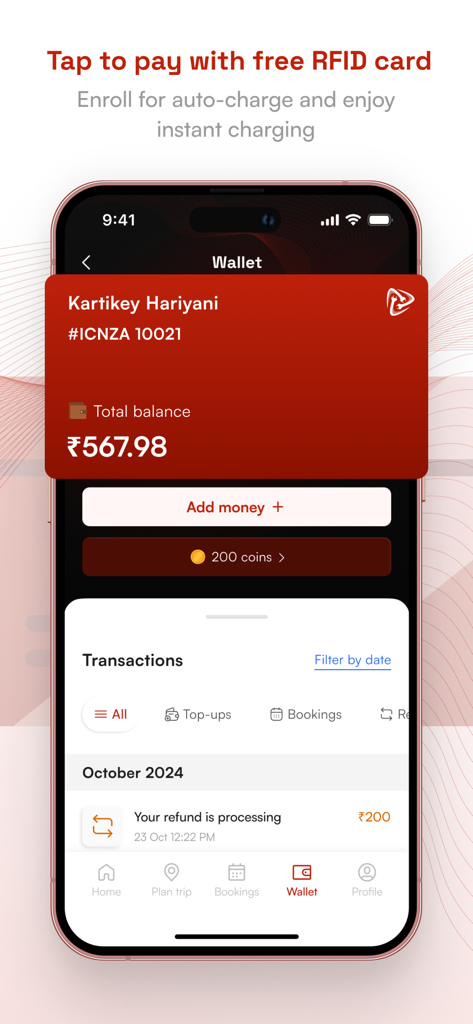 Charge Zone: EV Charging India - Charge Zone app wallet interface showing balance and transaction history for EV charging