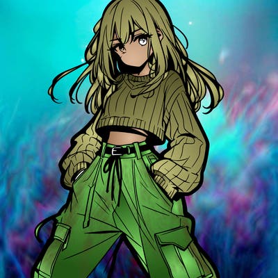 anime teen girl with baggy pants and crop top with sweater