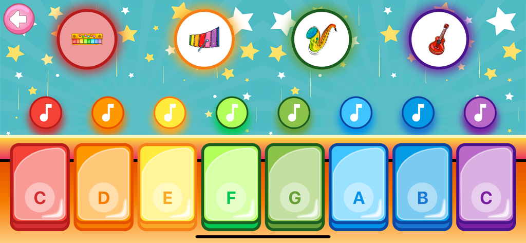 Piano Kids - Animal Sounds - Piano digital colorido para niños con teclas grandes y botones de selección de instrumentos como xilófono, saxofón y guitarra.