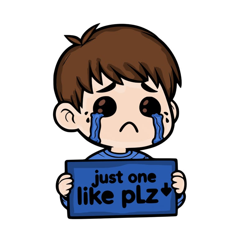 realistic crying boy with a sign saying just one like plz