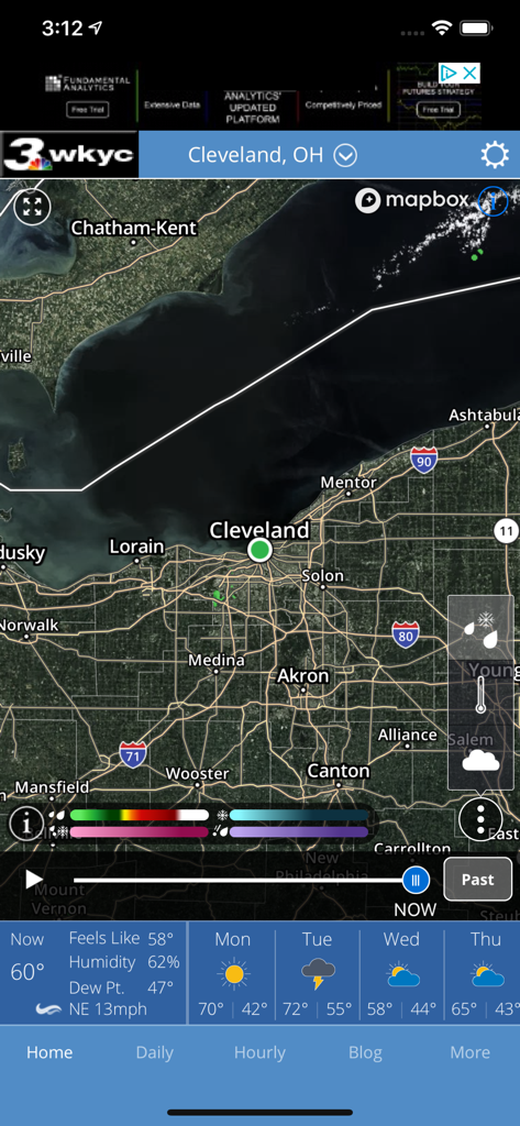 WKYC Weather - WKYC Weather app displaying interactive radar map and local forecast for Cleveland Ohio