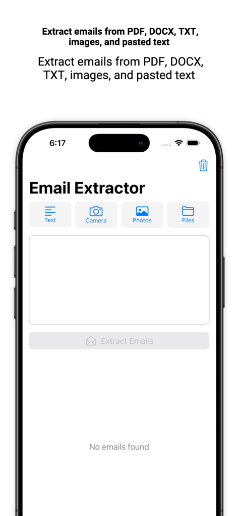 Interfaz de Extractor de Correos Pro mostrando opciones para extraer correos de documentos, fotos, cámara y texto.