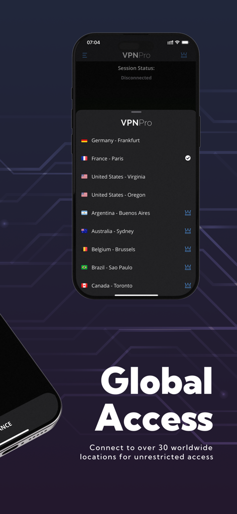Aplicación móvil VPN Pro mostrando una lista de ubicaciones de servidores globales, incluyendo EE. UU. y Francia, para acceso a Internet sin restricciones
