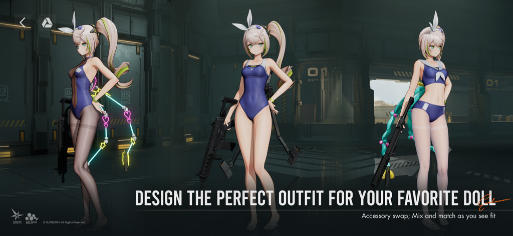 Three different customizable outfits for an anime character in Girls Frontline 2 Exilium