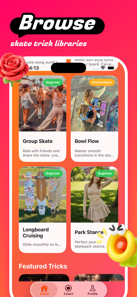 Fervid - Chat & Fun - Screenshot of the Fervid app browsing screen showing various skate trick categories like Bowl Flow and Longboard Cruising with beginner and intermediate labels.