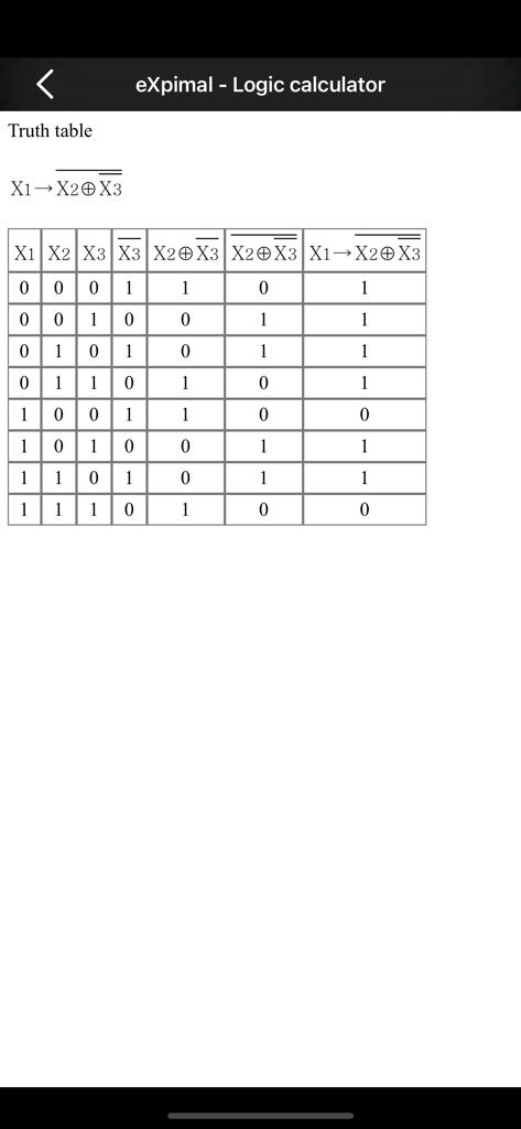 eXpimal - Logic calculator - A truth table generated for a boolean logic expression within the eXpimal app