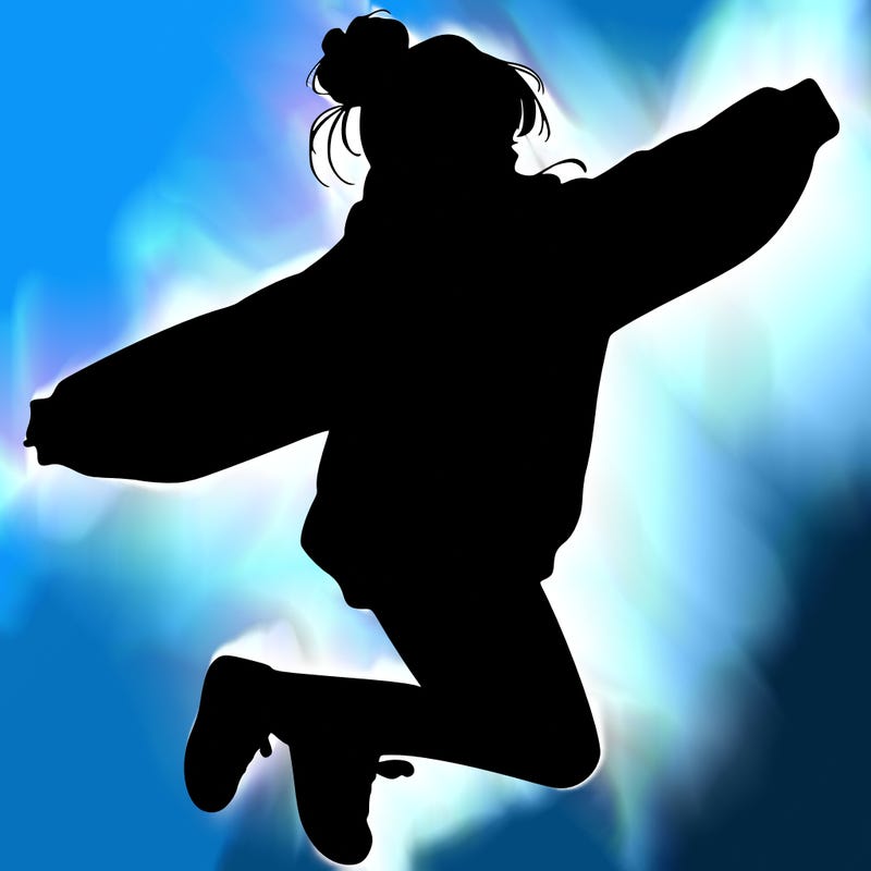 realistic girl jumping with a bun and oversized sweatshirt