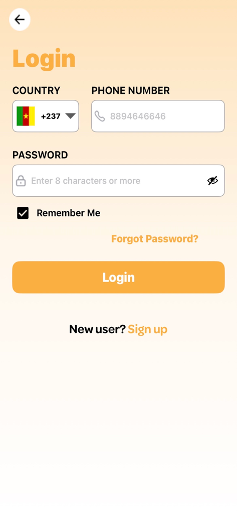 Login interface for TaQ User app showing phone number and password entry fields