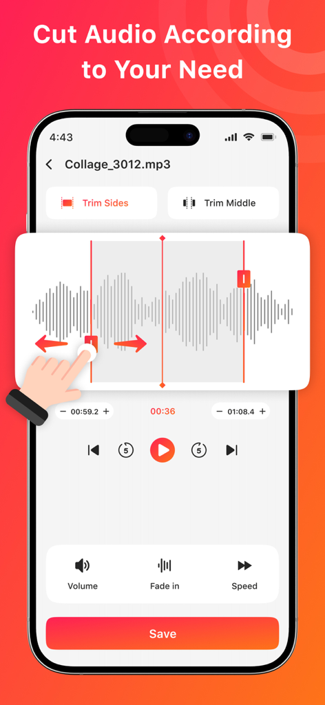 Smartphone screen displaying the audio cutting feature with a waveform editor and trim controls