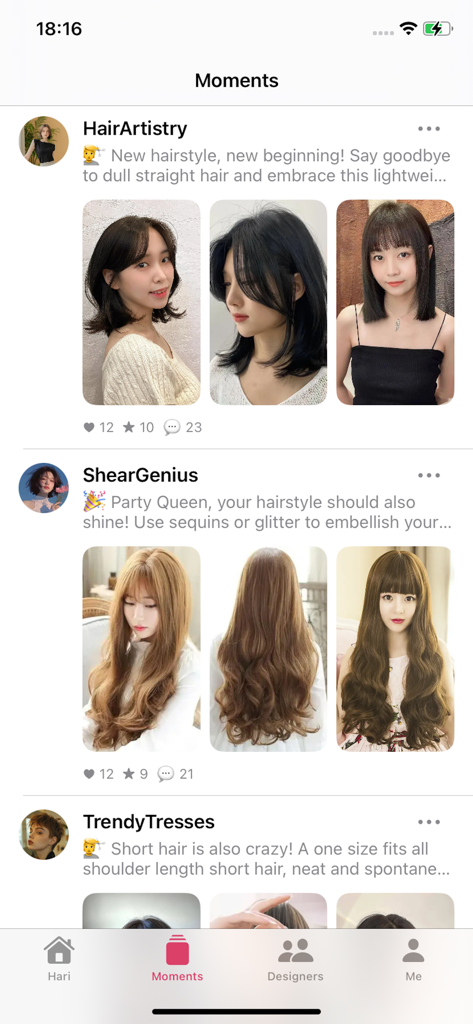 Harier - The Moments feed in the Harier app showing various womens hairstyle inspirations