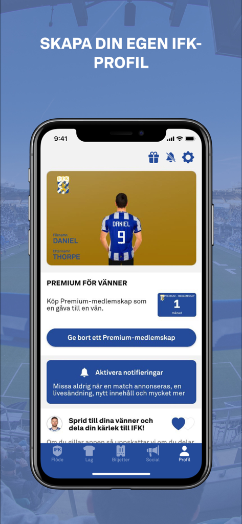 Blåvitt+ - IFK Goteborg Blavitt plus app user profile screen showing a digital membership card and premium subscription options.