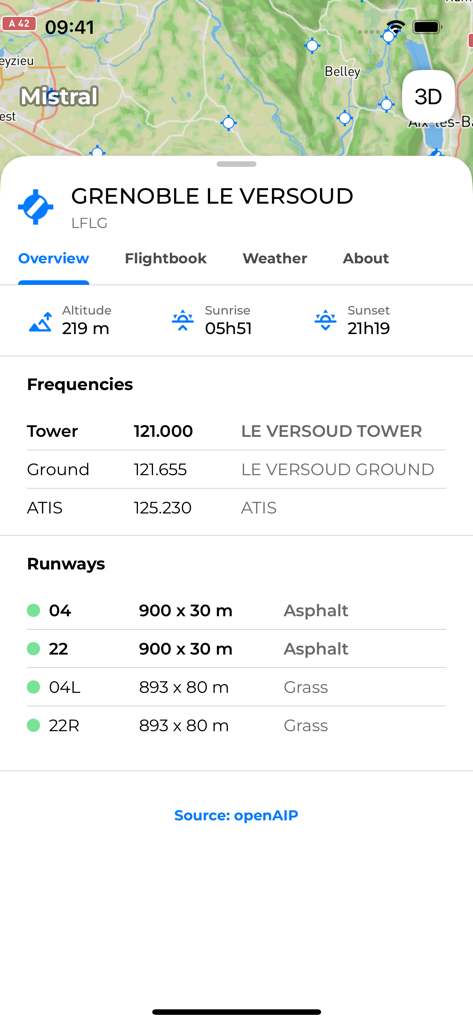 Mistral Gliders - Pantalla de información del aeródromo en Mistral Gliders mostrando frecuencias y detalles de pista para Grenoble Le Versoud