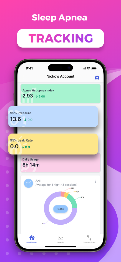 SleepHQ - SleepHQ mobile app dashboard displaying sleep apnea tracking and health metrics