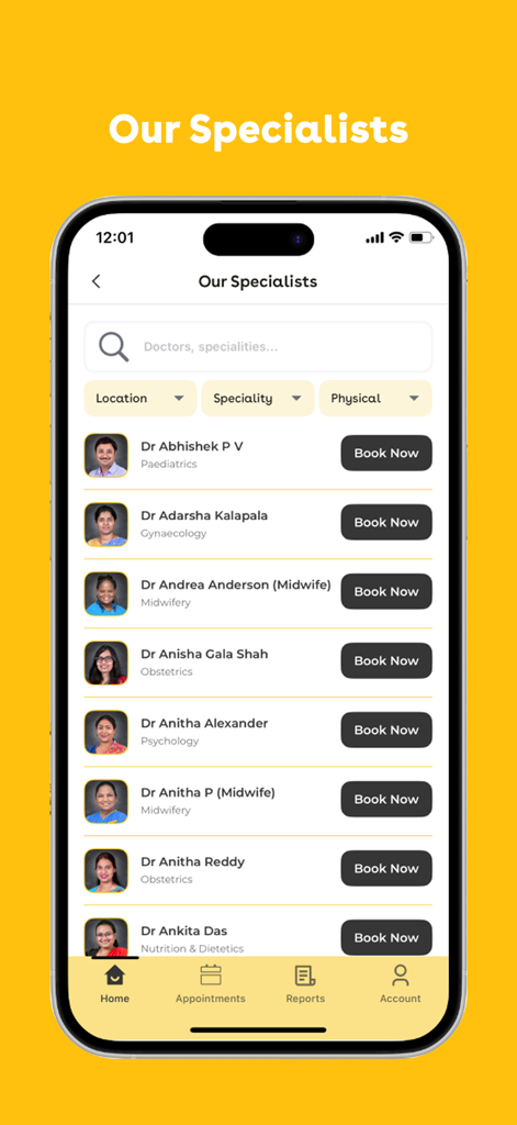 A list of medical specialists and midwives in the Fernandez Hospital app with booking options