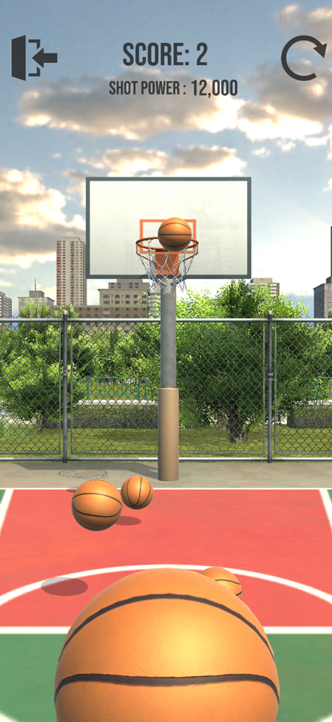 Una perspectiva en primera persona de un tiro de baloncesto en un juego de cancha urbana al aire libre