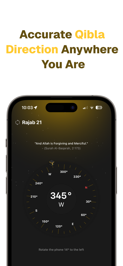 The Qibla: Direction & Times - Interfaz minimalista de brújula de dirección Qibla en la pantalla de un smartphone mostrando la orientación precisa para la oración.