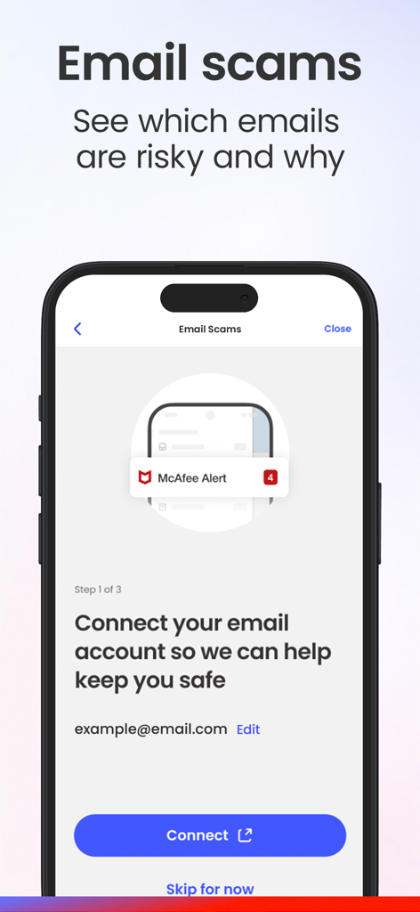 L'interface de l'application McAfee affiche la fonctionnalité de détection des arnaques par e-mail permettant de connecter un compte et d'identifier les e-mails à risque.