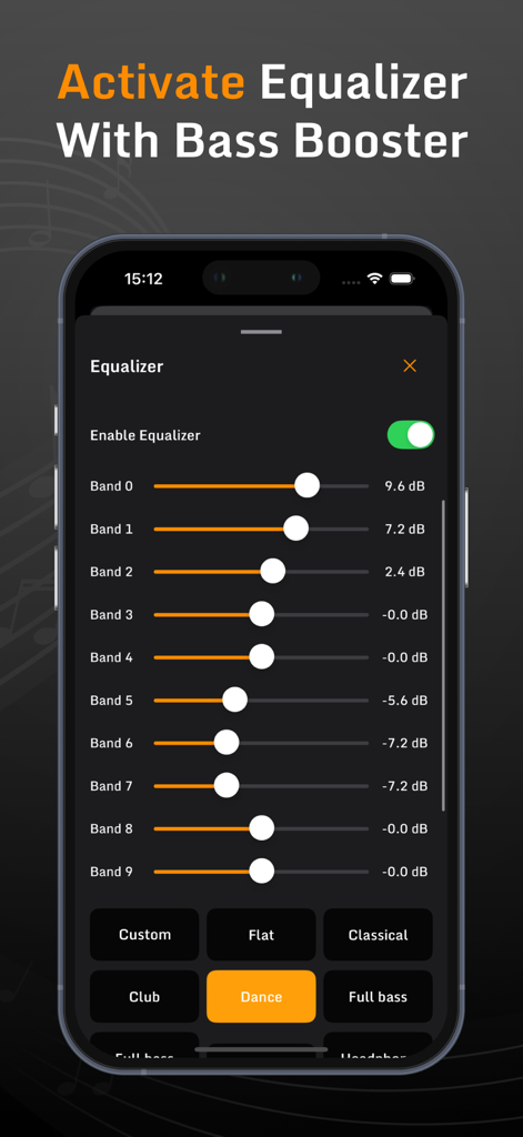 Music X app equalizer screen featuring multiple frequency bands and custom audio presets.