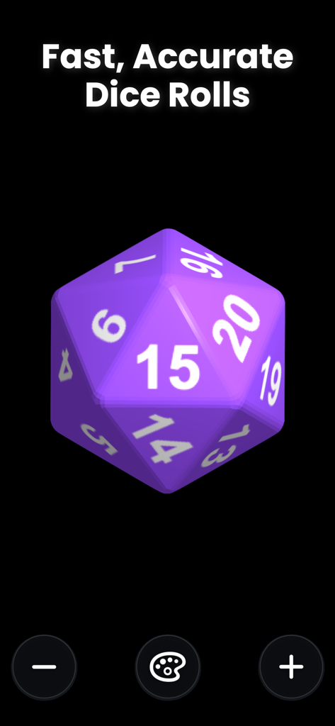 Dice Pro+ - Un dado de 20 caras morado mostrado sobre un fondo negro dentro de la interfaz de la aplicación móvil Dice Pro plus.