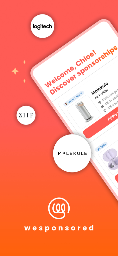 weSponsored Influencer App - Mobile screen showing the weSponsored app interface with brand sponsorship opportunities from Logitech and Molekule.