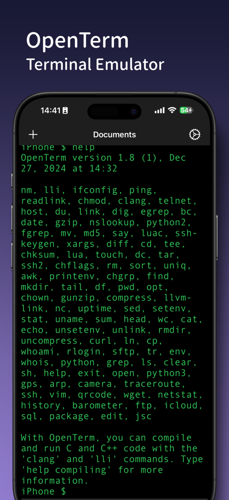 Smartphone screen displaying OpenTerm terminal emulator with a comprehensive list of available command line tools and utilities