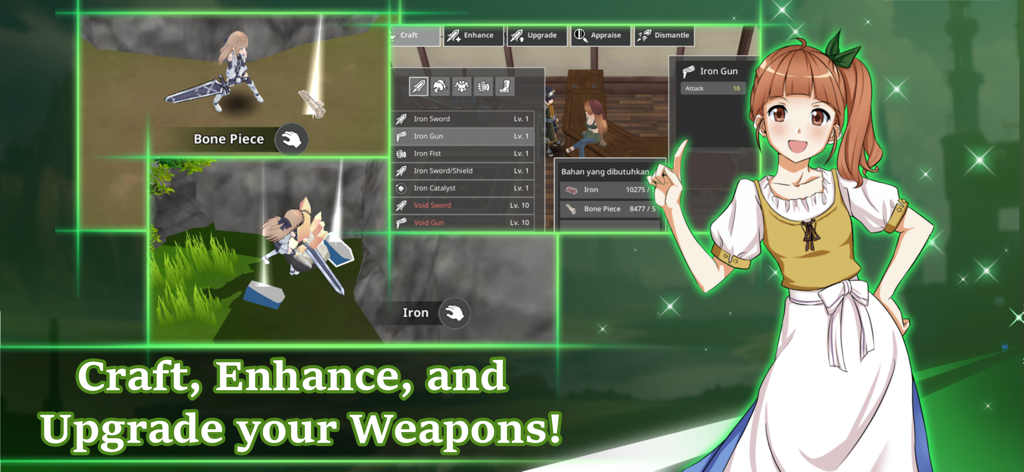 Epic Conquest 2 - Interface do jogo Epic Conquest 2 mostrando criação e aprimoramento de armas.