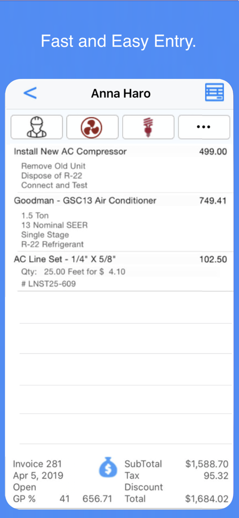 Mobile app interface showing an itemized invoice for an AC installation with labor and parts costs.