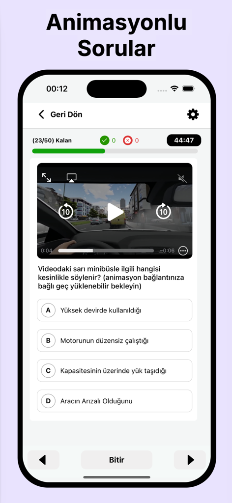 A video-based question in the Ehliyet Sinav Sorulari Cenkhca mobile app for the Turkish driving license exam
