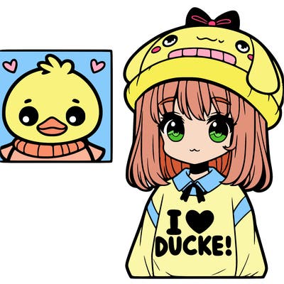 cute anime girl with a ducky hat and a  s vs hirt that says “i love duckies!” with a picture next to it thatd a duck