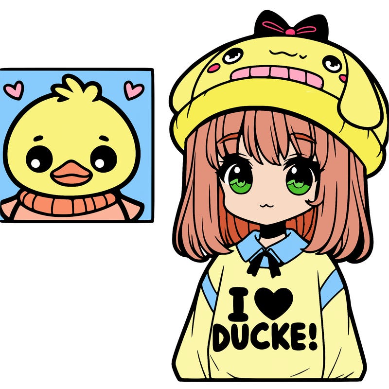 cute anime girl with a ducky hat and a  s vs hirt that says “i love duckies!” with a picture next to it thatd a duck