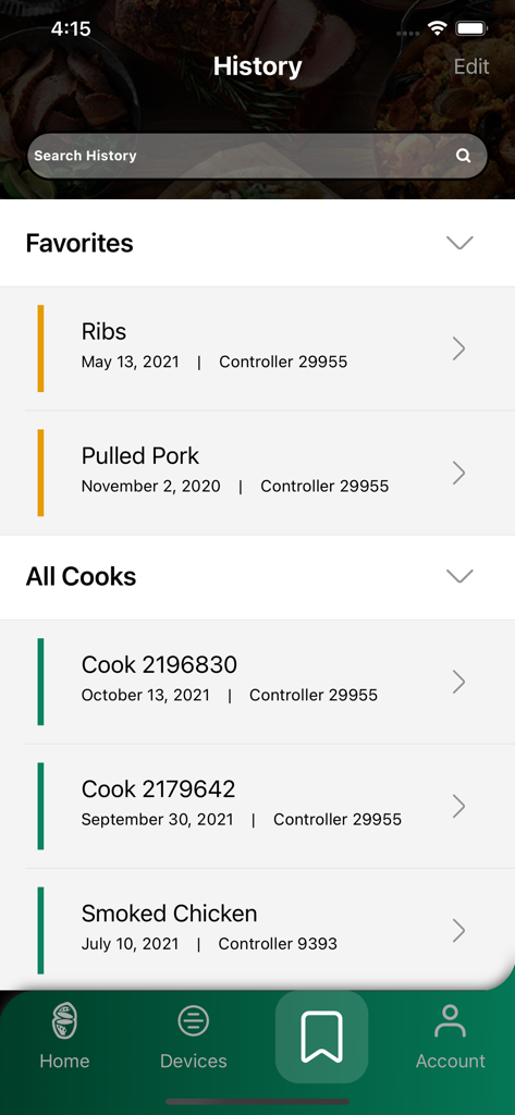 EGG Genius - EGG Genius app history screen showing a list of favorite and previous BBQ cooking sessions like ribs and smoked chicken.
