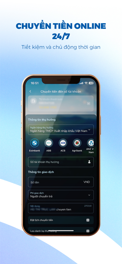 Eximbank EDigi - Pantalla de smartphone que muestra la interfaz de transferencia de dinero en línea 24/7 de la aplicación Eximbank EDigi en modo oscuro.
