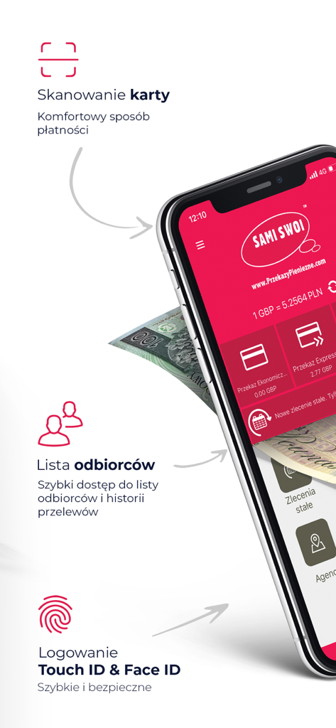 Sami Swoi App-Benutzeroberfläche mit Hervorhebung von Funktionen wie Kartenscannen, Empfängerlistenverwaltung und sicherer biometrischer Anmeldung für Geldüberweisungen von Großbritannien nach Polen