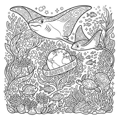 Immerse yourself in a beautiful underwater world as you color this intricate Earth Day scene featuring elegant rays, a gentle sea turtle, and a vibrant coral reef. This page blends the beauty of marine life with important messages of ocean conservation and sustainability.