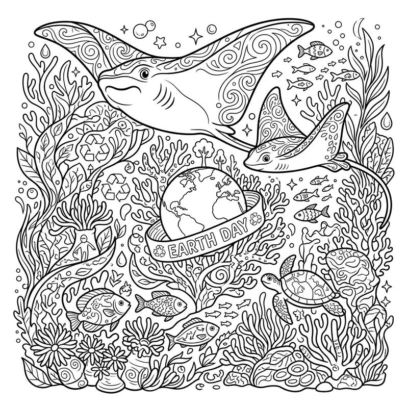 Immerse yourself in a beautiful underwater world as you color this intricate Earth Day scene featuring elegant rays, a gentle sea turtle, and a vibrant coral reef. This page blends the beauty of marine life with important messages of ocean conservation and sustainability.