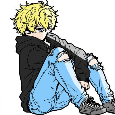a male hoddie ripped jeans messy hair anime