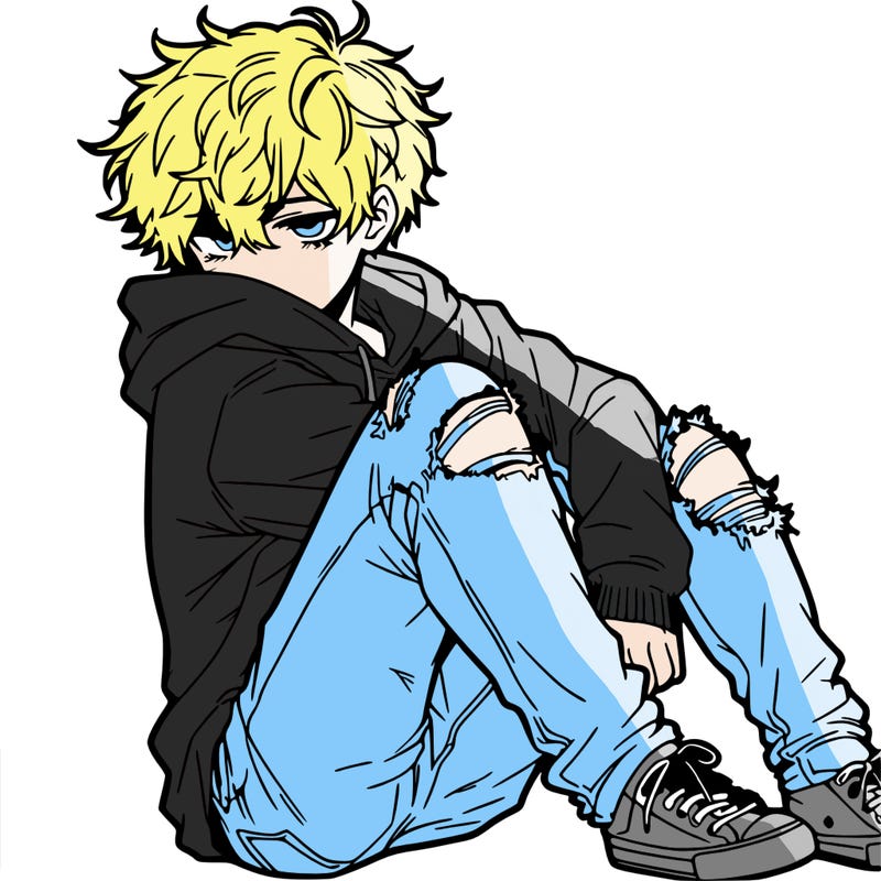 a male hoddie ripped jeans messy hair anime