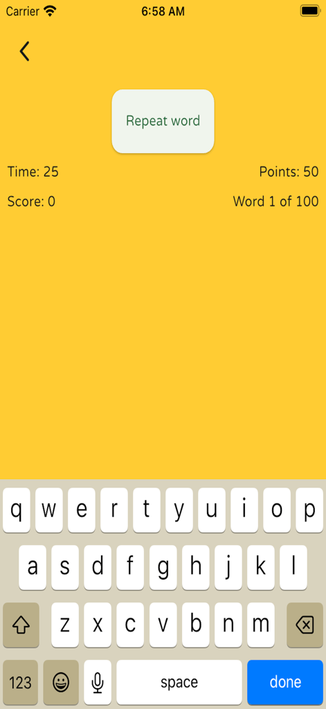 Mobile spelling test interface with a repeat word button and keyboard