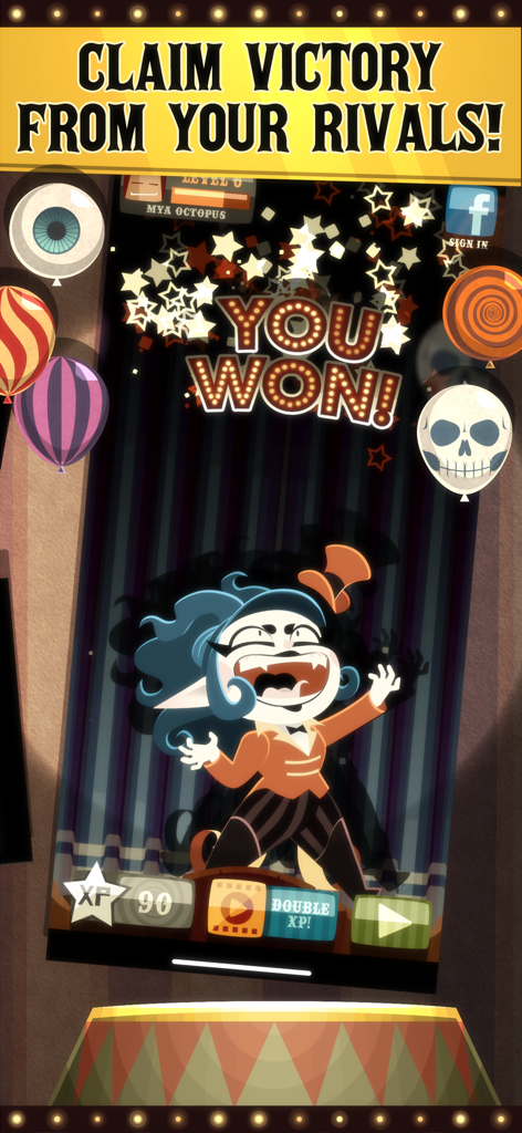 Spite & Malice! - A 'You Won!' celebration screen in the Spite & Malice card game with a circus-themed character and stage.